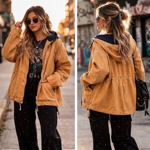 London Fog, size small, removable fleece liner, hooded mustard jacket.